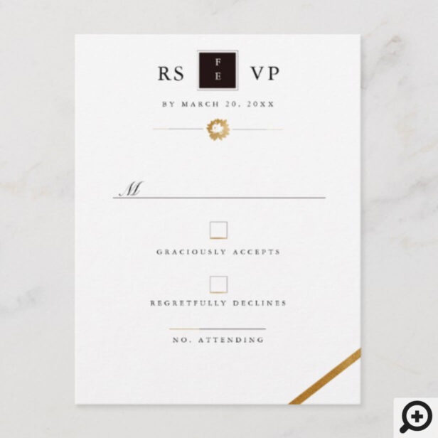 Elegant Black White & Gold Monogram RSVP Postcard