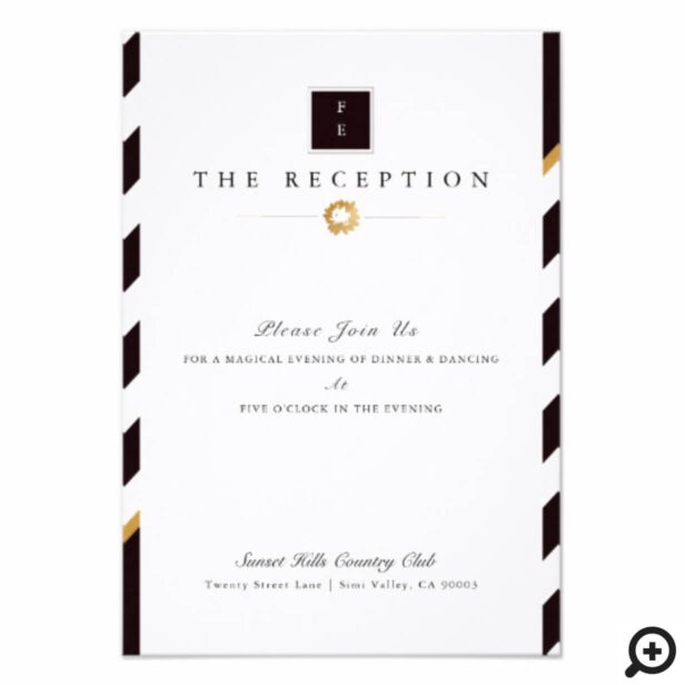 Elegant Black White Gold Stripe Wedding Reception Invitation