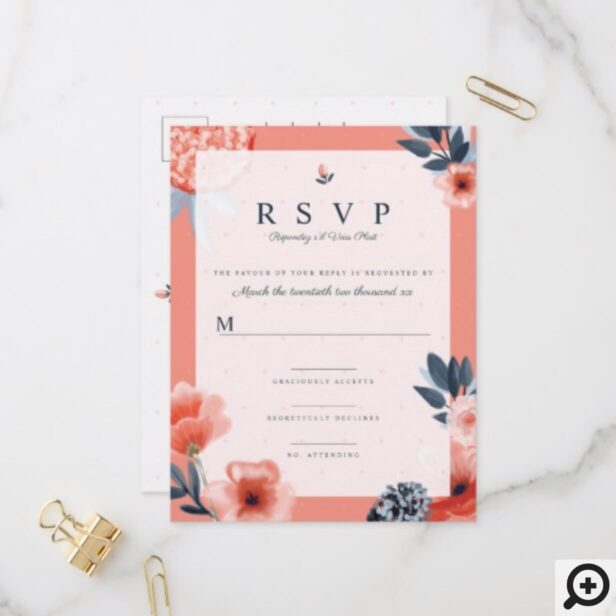 Pink Watercolour Botanical Floral Wedding RSVP Invitation Postcard