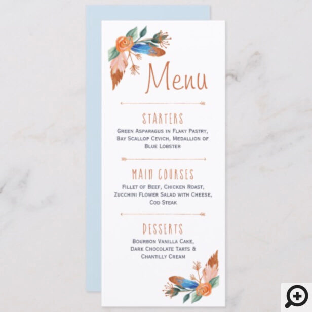 Copper Boho Florals & Feather Wedding Menu Card