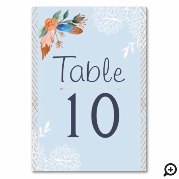 Copper Boho Florals & Feather Wedding Table Number