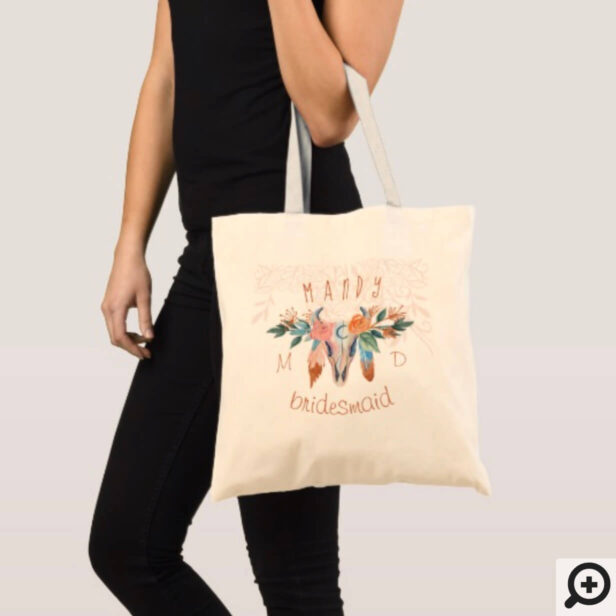 Rustic Boho Florals Bohemian Cow Skull Feather Tote Bag