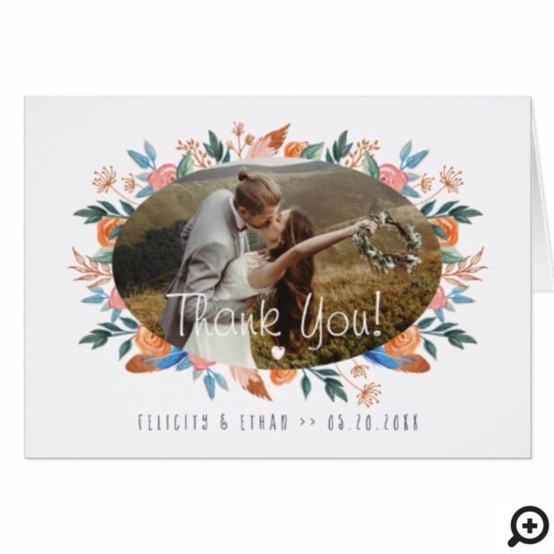 Boho Floral Feather Framed Wedding Thank You Card