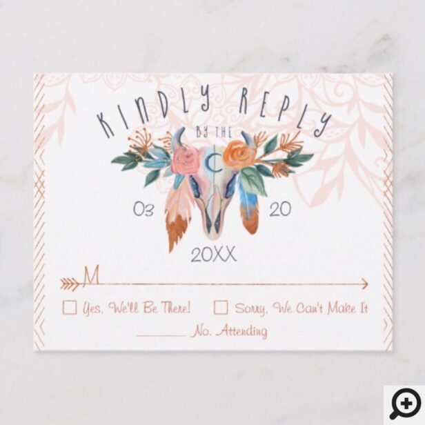 Boho Florals Bohemian Cow Skull Feather RSVP Card