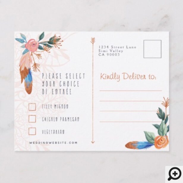 Boho Florals Bohemian Cow Skull Feather RSVP Card