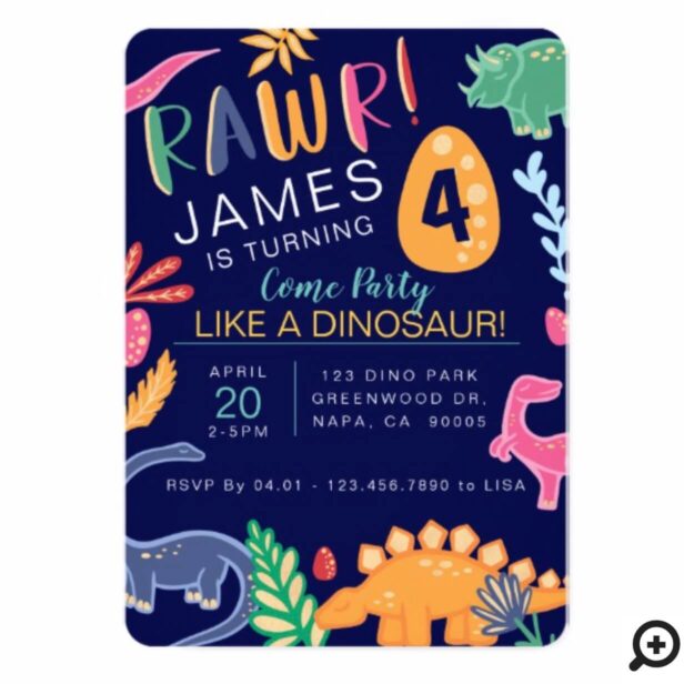 Bold, fun and colourful dinosaur birthday party invitation. This fun colourful dino birthday invitation features our own hand drawn dinosaurs, leaves and florals to create a unique and bold design. Faux gold accents are incorporated are added to each of the illustrations to add sparkle and style. "Rawr!" heading is displayed in a stylish modern fun typography . The Recipient's age is boldly displayed on a dinosaur egg. Fun bold jungle Leaves and tropical floral elements frame the invitation details. All illustrations contained in this fun colourful dinosaur birthday party invitation are hand drawn original artwork by Moodthology. You can customize the text size, text colour, font and layout for your own personal design preference.