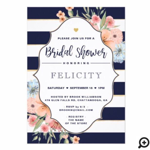 Bridal Shower Invite Floral Flowers & Navy Stripes