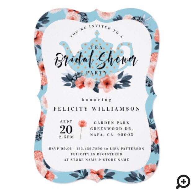 Blue Floral Tea Party Bridal Shower Invitation