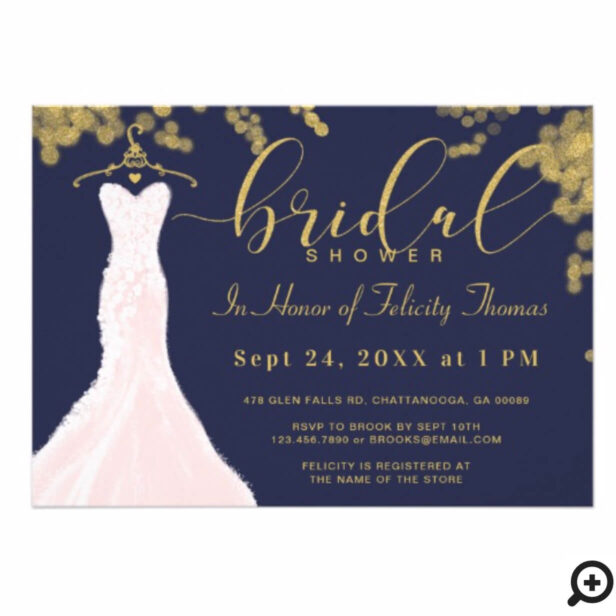 Wedding Dress Navy Gold Bridal Shower Invitation
