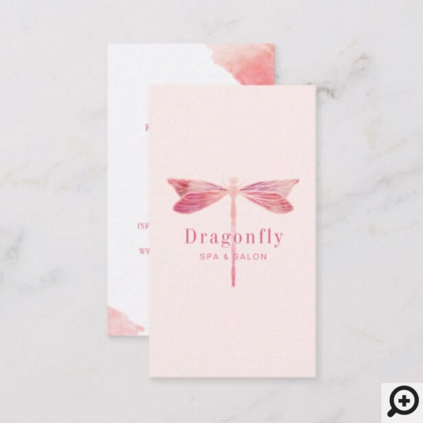 Elegant Brush Pink Watercolor Dragonfly Business Card
