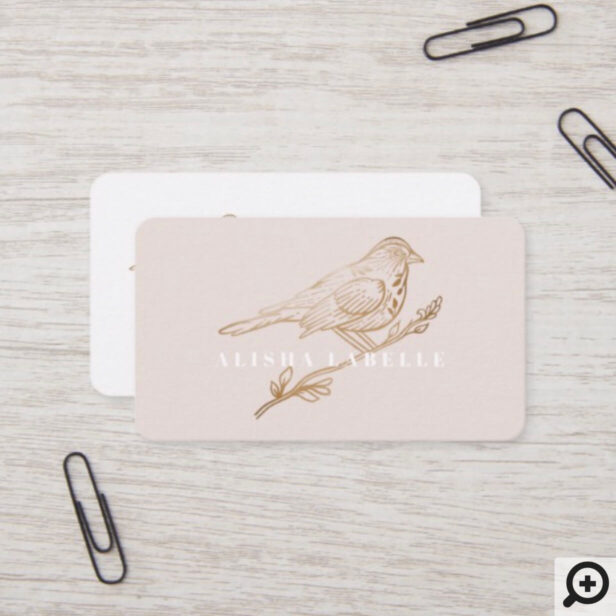Elegant Pale Blush Pink & Gold Perched Bird Business Card