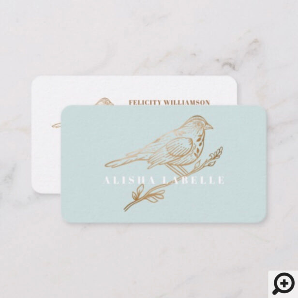 Elegant Pale Teal & Gold Perched Bird Business Card
