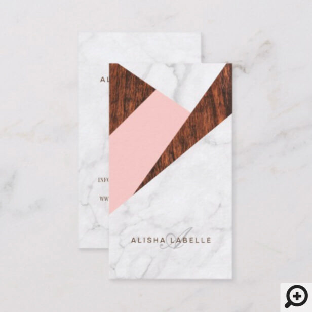 Modern Abstract Pink, White Marble & Woodgrain Business Card