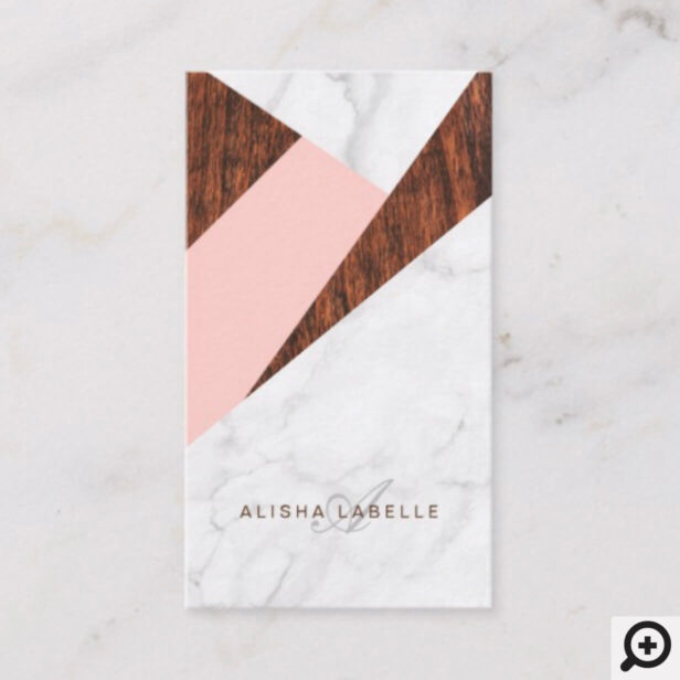Modern Abstract Pink, White Marble & Woodgrain Business Card