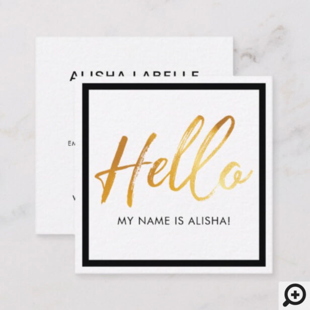 Hello Introduction Gold Brush Script & Black Frame Square Business Card