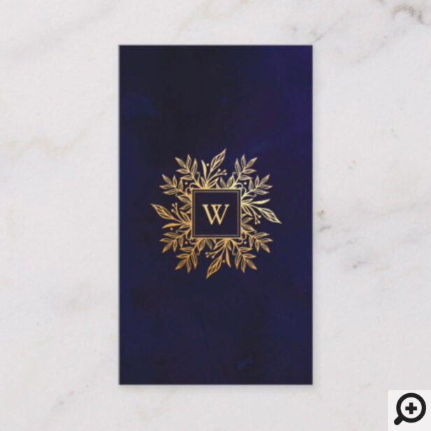 Navy Watercolor & Gold Foliage Monogram Emblem Business Card