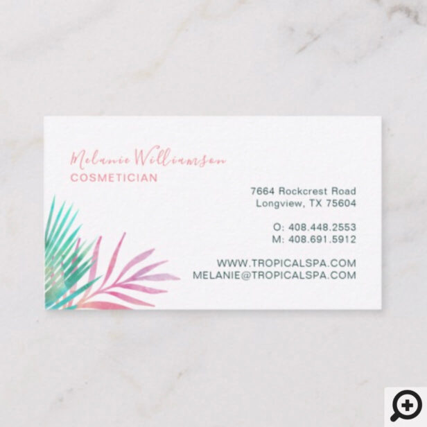 Trendy Pink & Green Watercolor Tropical Palm Leaf Business Card