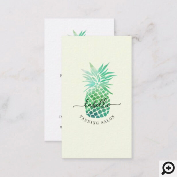 Green & Teal Watercolor Tropical Pineapple Fruit Business Card