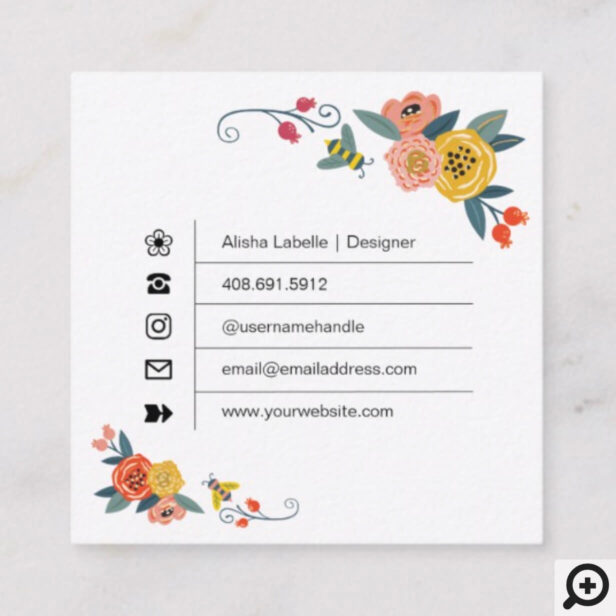 Hello | Vibrant Floral Wildflowers & Honey Bee Square Business Card