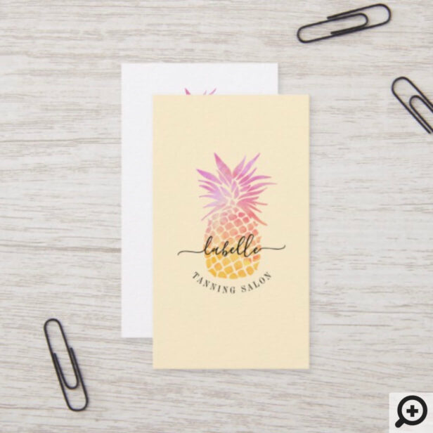 Orange & Pink Watercolor Tropical Pineapple Fruit Business Card