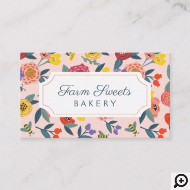 Vintage Abstract Wildflower Foliage & Bees Pattern Business Card