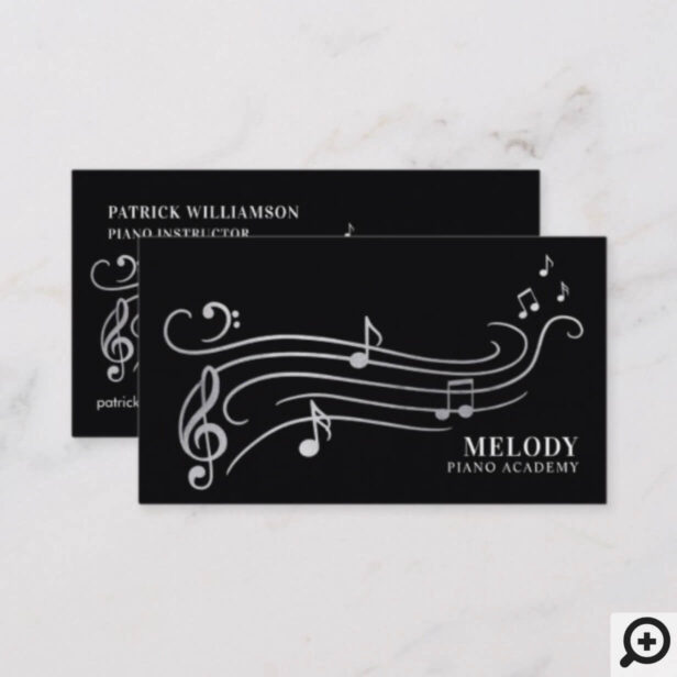 Elegant & Sophisticate Silver & Black Piano Music Business Card