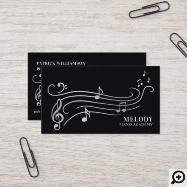 Elegant & Sophisticate Silver & Black Piano Music Business Card