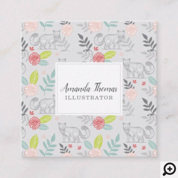 Woodland Forest Fox & Floral Foliage greenery Square Business Card