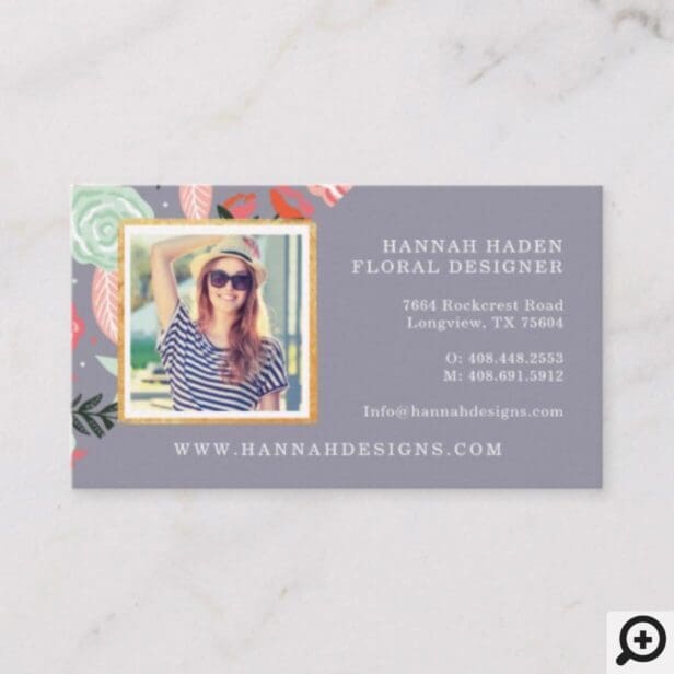 Pink & Mint Floral Garden & Gold Photo Frame Business Card