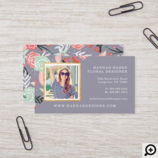 Pink & Mint Floral Garden & Gold Photo Frame Business Card
