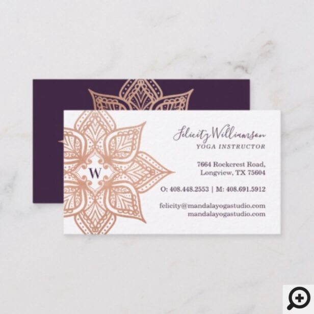 Rose Gold Mandala & Dark Purple Plum Monogram Business Card