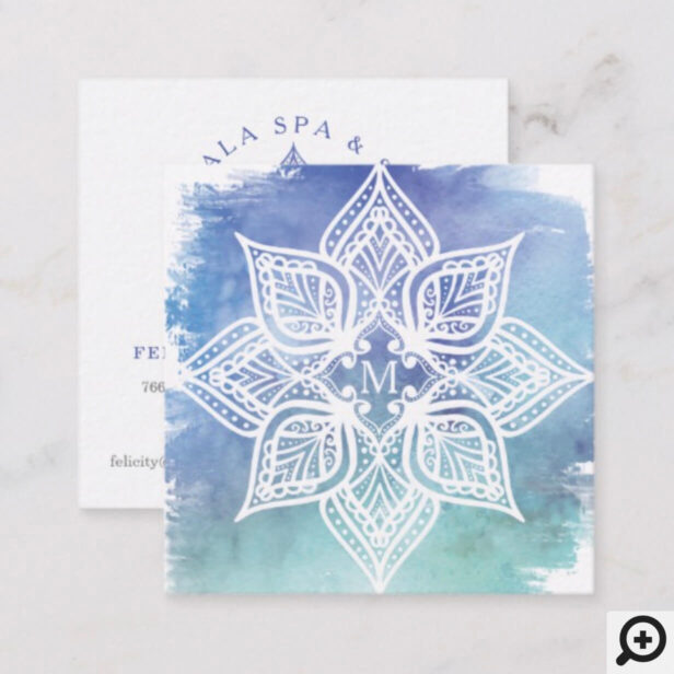 Mandala Lotus Flower Logo & Blue Teal Watercolor Square Business Card