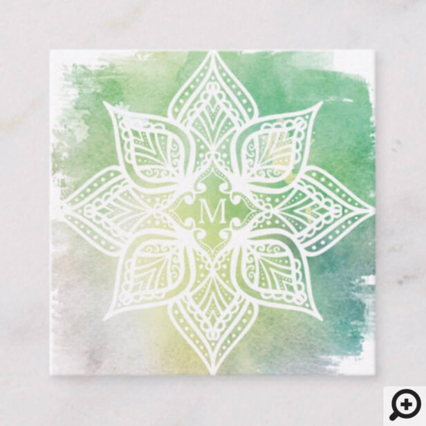 Mandala Lotus Flower Logo & Aqua Green Watercolor Square Business Card