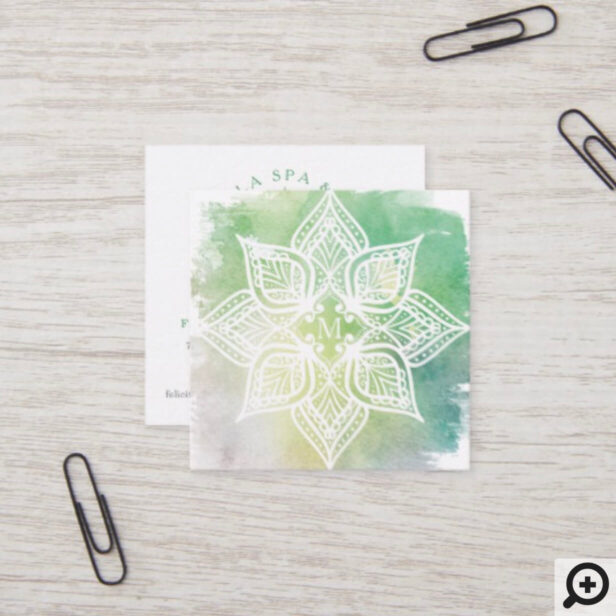 Mandala Lotus Flower Logo & Aqua Green Watercolor Square Business Card