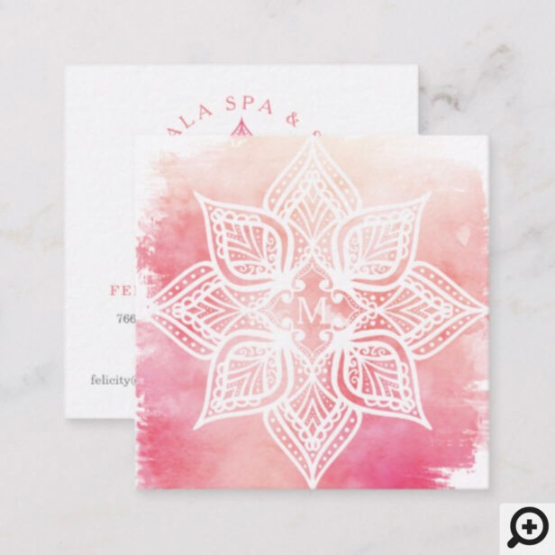 Mandala Lotus Flower Logo & Blush Pink Watercolor Square Business Card