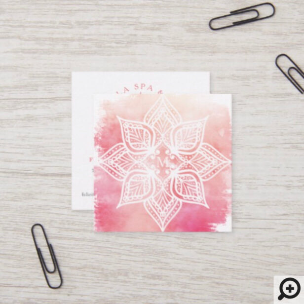 Mandala Lotus Flower Logo & Blush Pink Watercolor Square Business Card