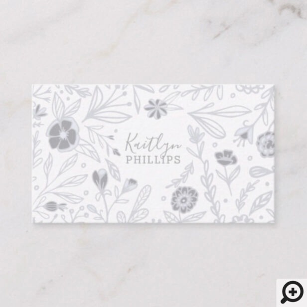 Trendy Grey Wildflower Floral Pattern White Business Card
