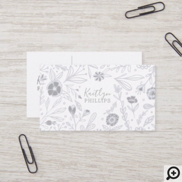 Trendy Grey Wildflower Floral Pattern White Business Card