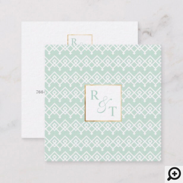 Minimal Mint & White Geometic Pattern Monogram Square Business Card