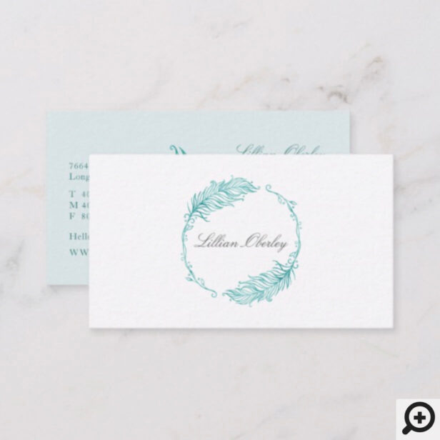 Boho Teal Watercolor Floral Feather Crest Wreath Business Card