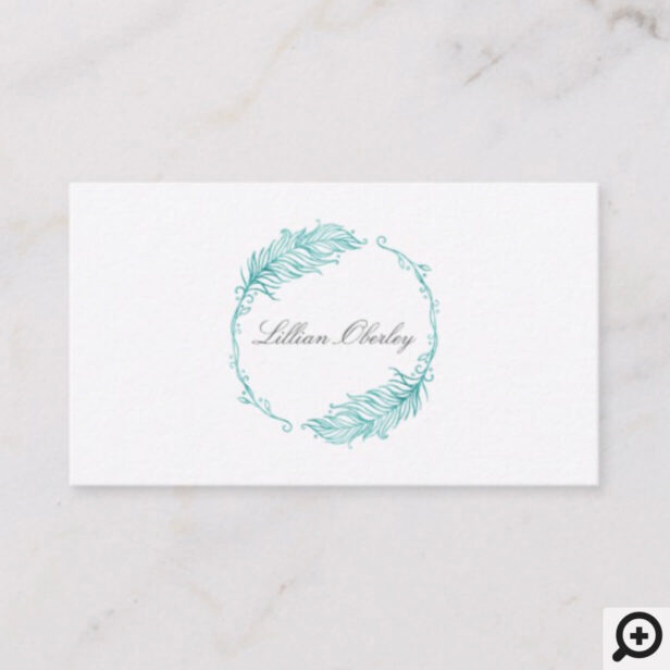 Boho Teal Watercolor Floral Feather Crest Wreath Business Card