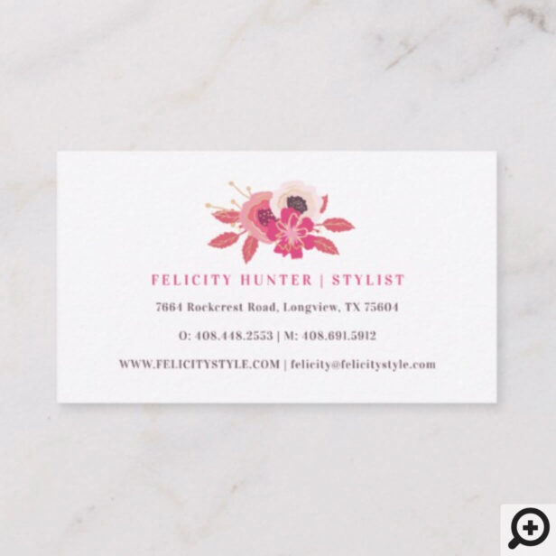 Trendy Pink Floral Pattern Print & Gold Monogram Business Card