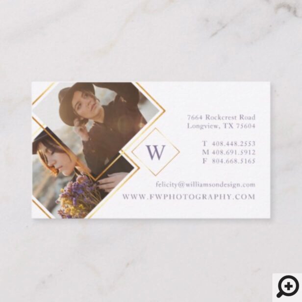 Modern and minimal business card featuring a two photo layout on the front with a sleek faux gold geometric frame monogram overlay and personalized with name and business industry. The reverse side features the same two photos beautifully displayed within an angled faux gold geometric frame to create a unique and modern look. personalize the back side with your contact information.