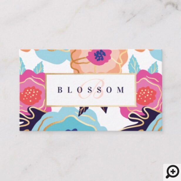 Trendy Bold Floral Pattern Print & Gold Monogram Business Card