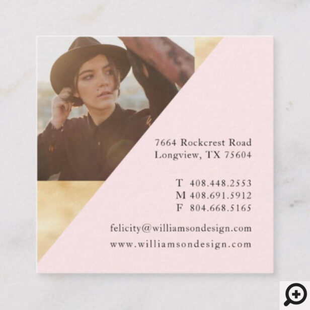 Trendy Geometric Pink & Gold Monogram With Photo Square Business Card