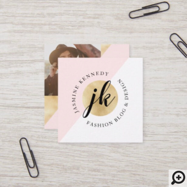 Trendy Geometric Pink & Gold Monogram With Photo Square Business Card