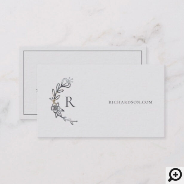 Grey Elegant Floral Watercolor Botanical Crest Business Card