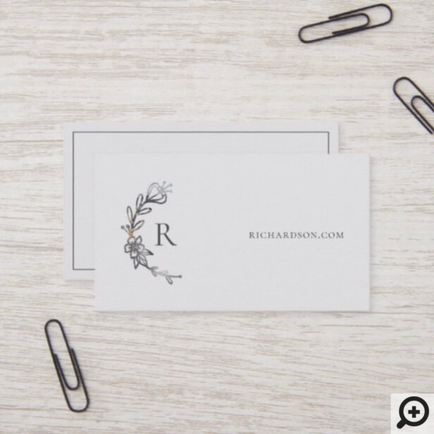 Grey Elegant Floral Watercolor Botanical Crest Business Card