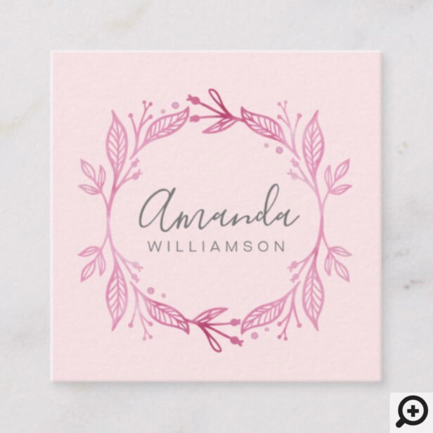 Pink Elegant Floral Watercolor Botanical Crest Square Business Card