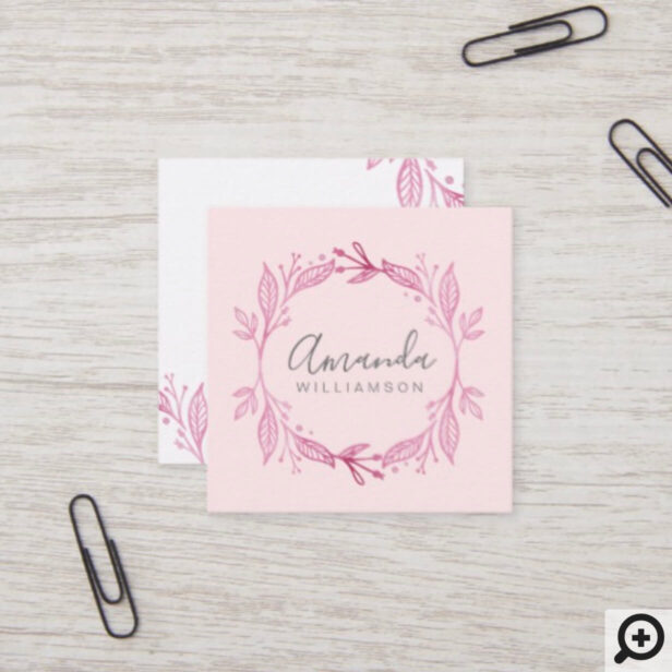 Pink Elegant Floral Watercolor Botanical Crest Square Business Card